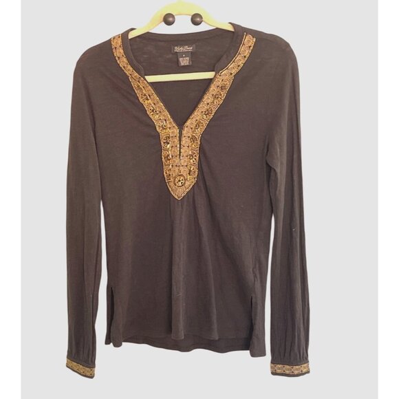 Lucky Brand Tunic Black Gold Beaded Embroidered Size S Cotton India - Picture 5 of 12